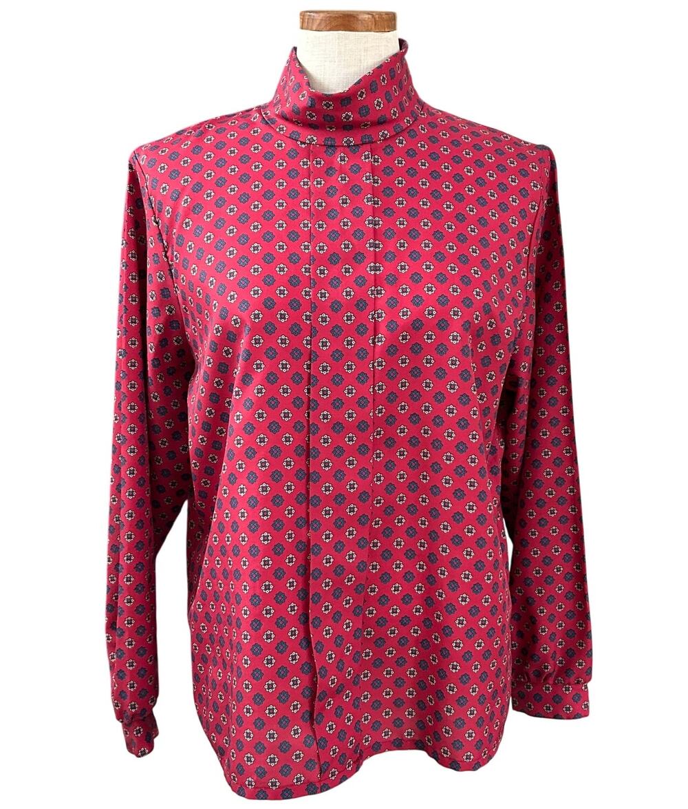 Vintage 50s Foulard Print Lady Holiday Blouse Size M High Neck Retro Office Fall